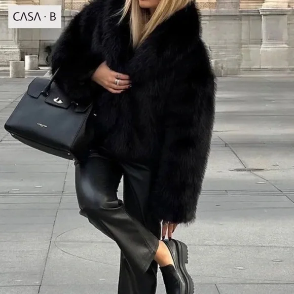 NEW💫CASA B| Heiress Black Faux Fur Jacket- Long Sleeve Lapel Collar Outerwear - Picture 2 of 7